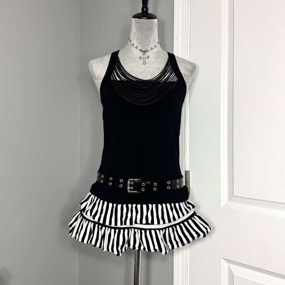 Vintage Cryus Black Boho Beaded Cowl Neck Halter Top